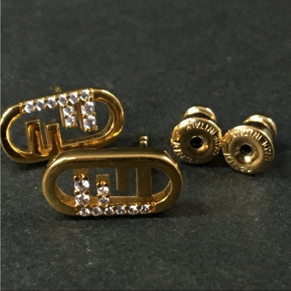 FENDI FF Logo Rhinestone Gold Tone Pierced Earrings - Picture 6 of 7